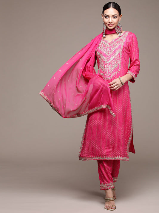 Women's Pink Zari Embroidered Kurta Set with Trousers and Dupatta