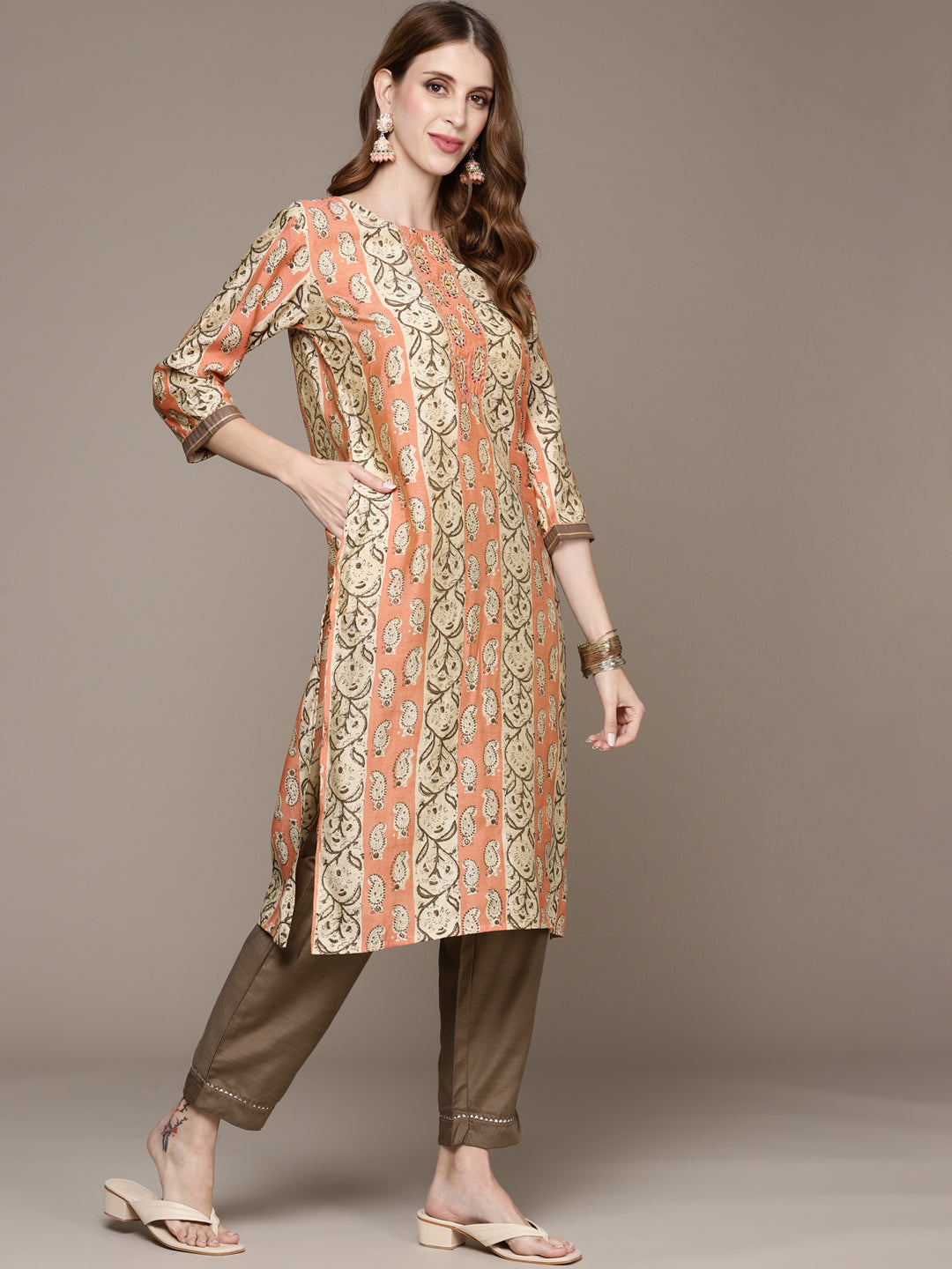 Women's Peach Embroidered Printed Kurta Set with Trousers and Dupatta