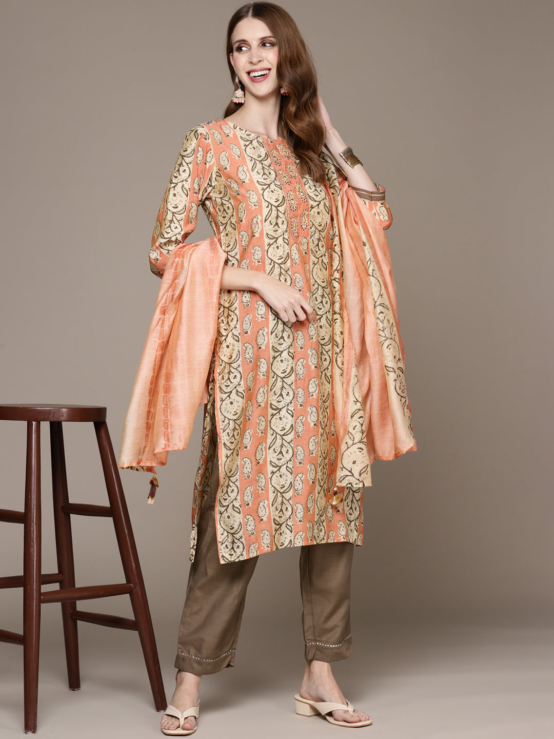 Women's Peach Embroidered Printed Kurta Set with Trousers and Dupatta