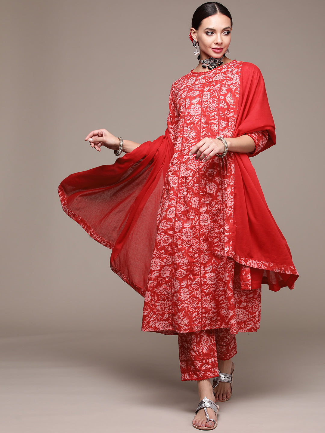 Women's Red Printed Kali Kurta Set with Trousers and Dupatta