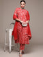 Women's Red Printed Kali Kurta Set with Trousers and Dupatta