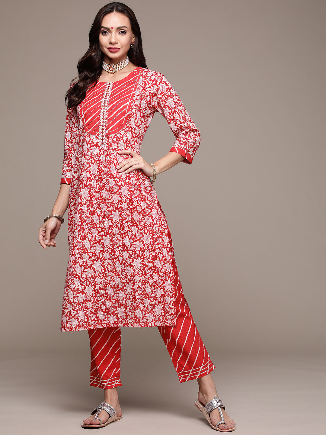 Women's Red Embroidered Printed Kurta Set with Trousers