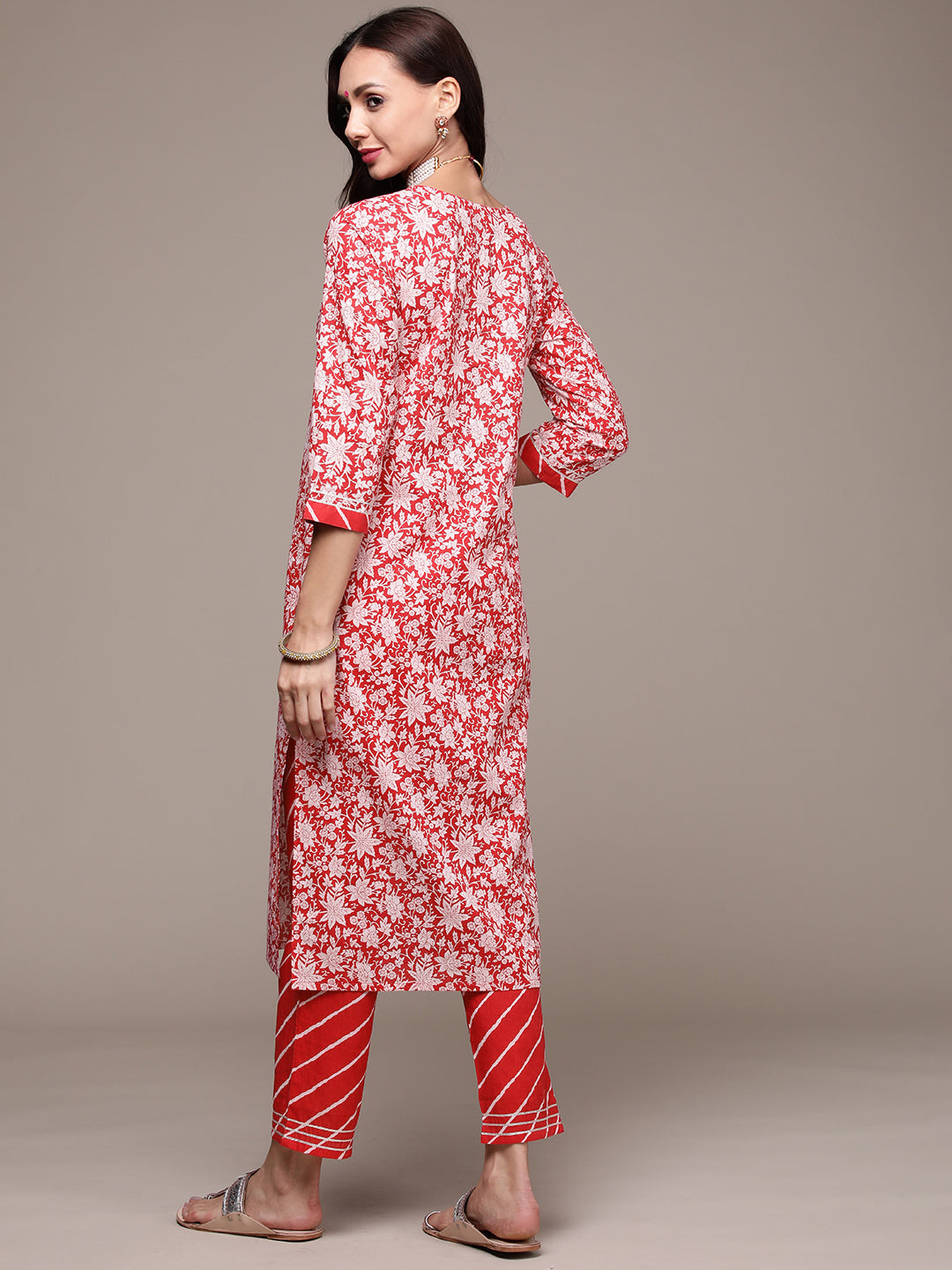 Women's Red Embroidered Printed Kurta Set with Trousers