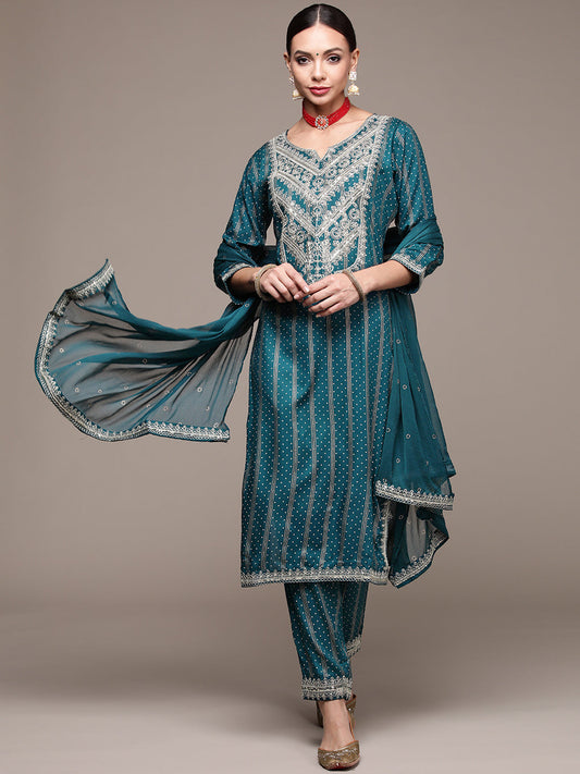 Women's Teal Zari Embroidered Kurta Set with Trousers and Dupatta