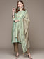 Women's Mint Embroidered Printed Kurta Set with Trousers and Dupatta