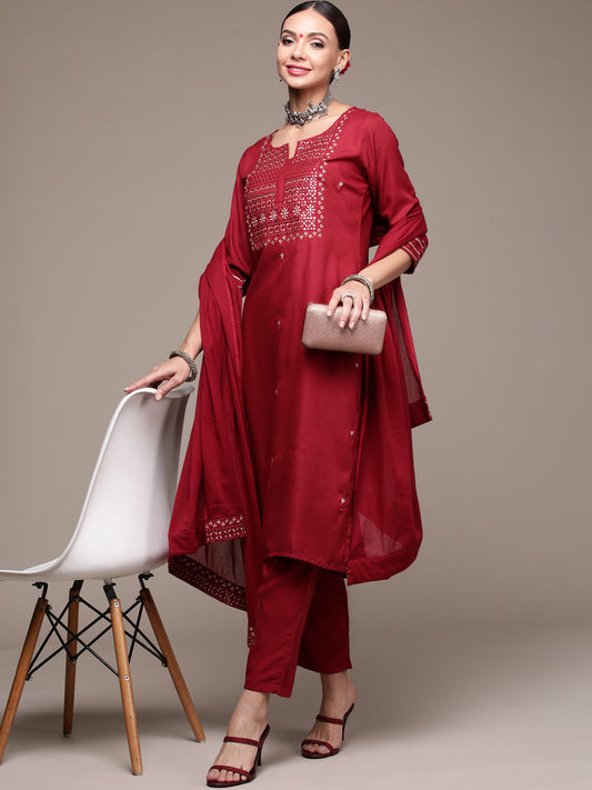 Women's Maroon Mirrorwork Embroidered Kurta Set with Trousers and Dupatta