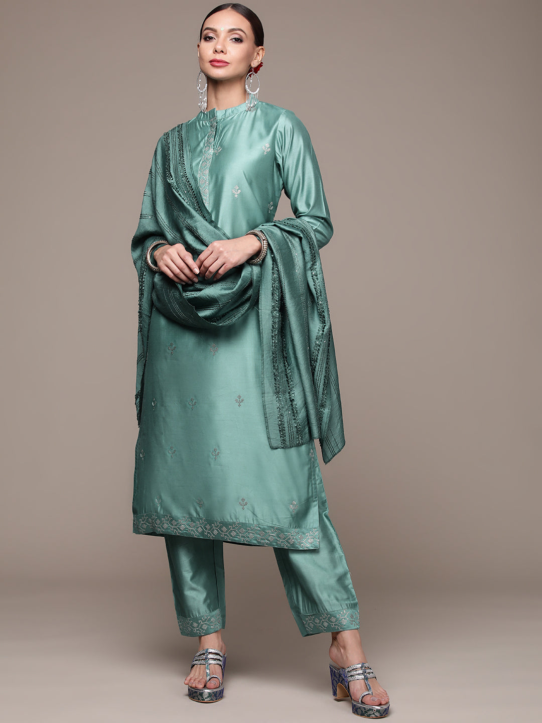 Women's Rama Blue Handwork Kurta Set with Trousers and Dupatta