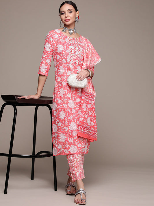 Women's Pink Zari embroidered printed Kurta set with Trousers and Dupatta