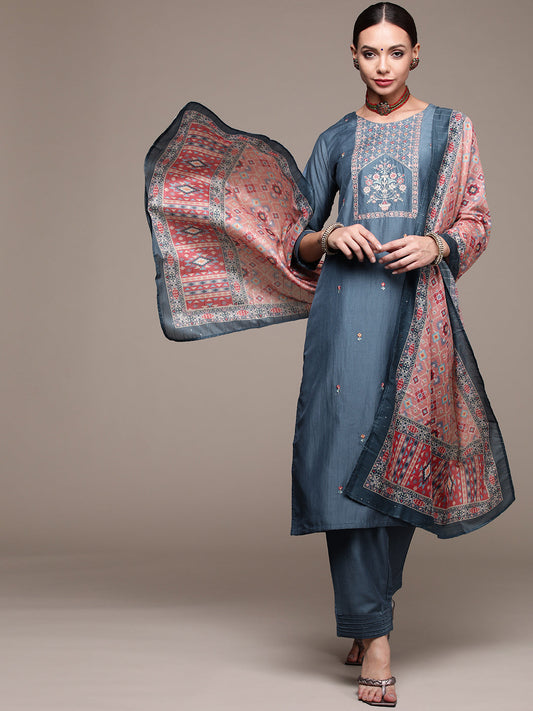 Women's Powder Blue Embroidered Kurta set with Trousers and Dupatta
