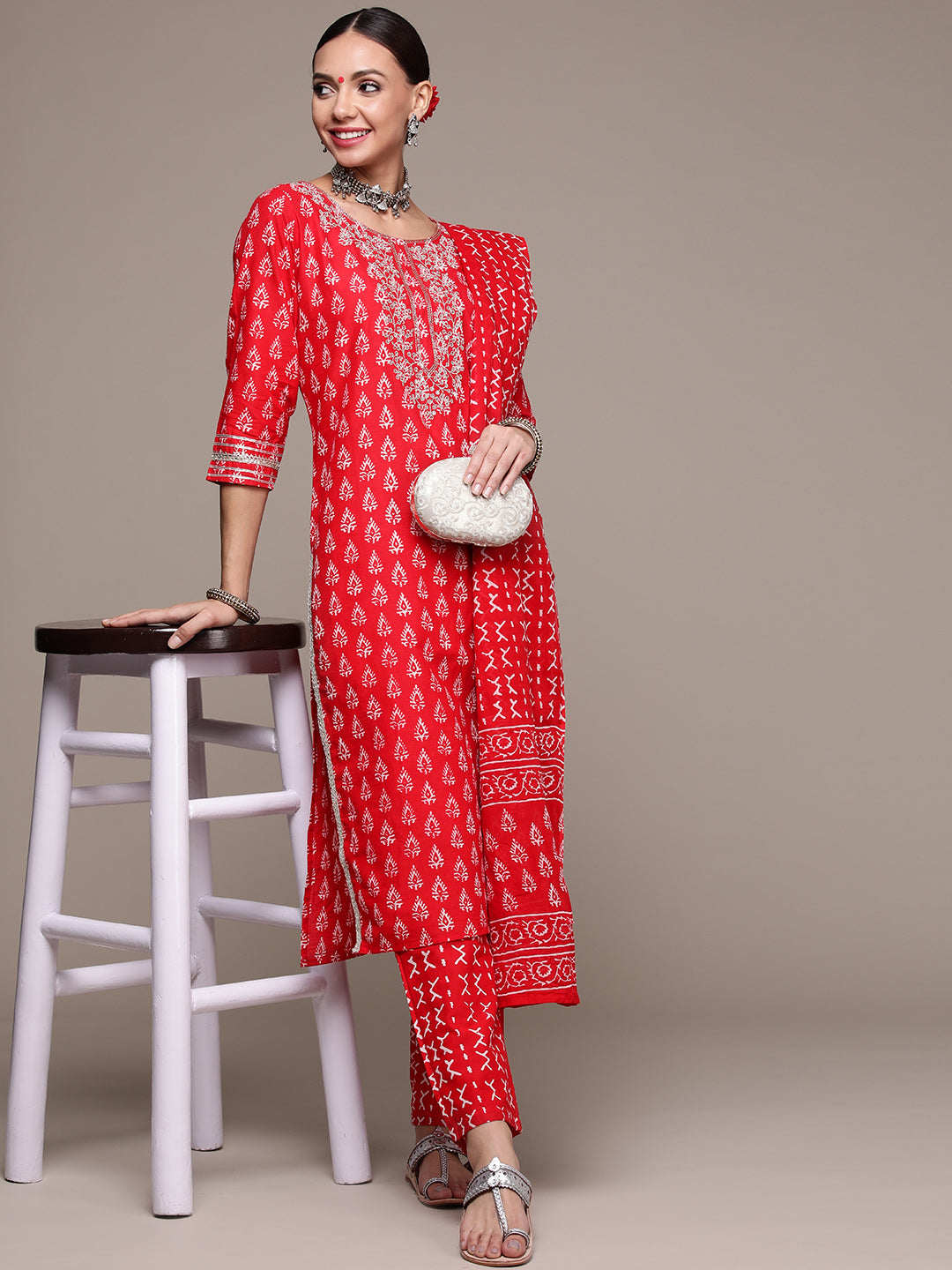 Women's Red Lace Sequinned Printed Kurta Set with Trousers and Dupatta