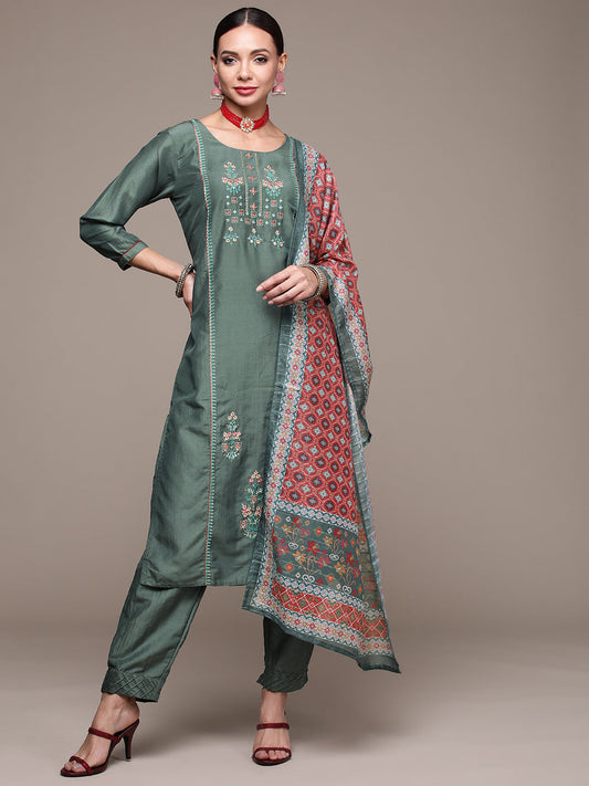 Women's Charcoal Embroidered Kurta set with Trousers and Dupatta