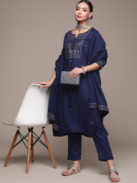 Women's Navy Blue Mirrorwork Embroidered Kurta Set with Trousers and Dupatta