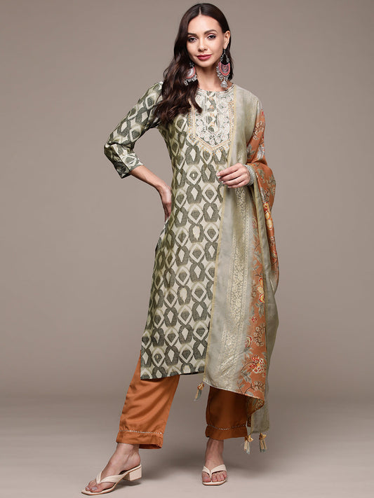 Women's Sage Green Embroidered Abstract Printed Kurta set with Trousers and Dupatta
