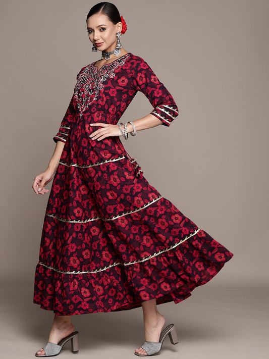 Women's's Red Brown Floral Ethnic A-Line Maxi Dress