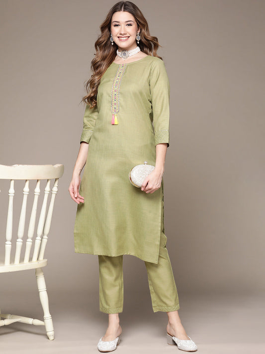 Anubhutee Women's Sage Green Embroidered Kurta Set with Trousers