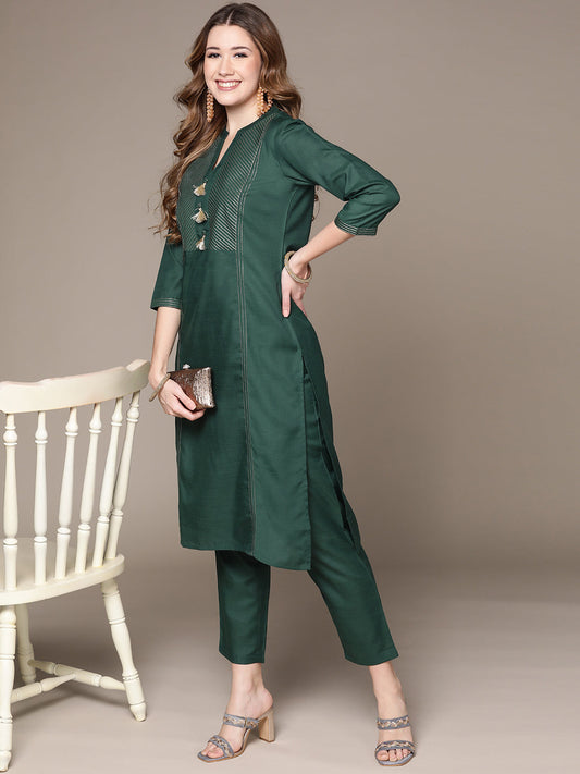 Anubhutee Women's Green Tasseled Cotton Silk Kurta set with Trousers