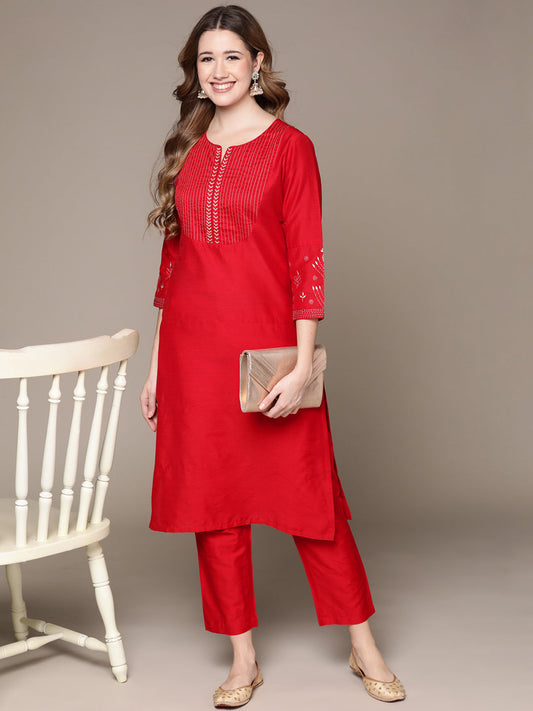 Anubhutee Women's Red Embroidered Kurta Set with Trousers