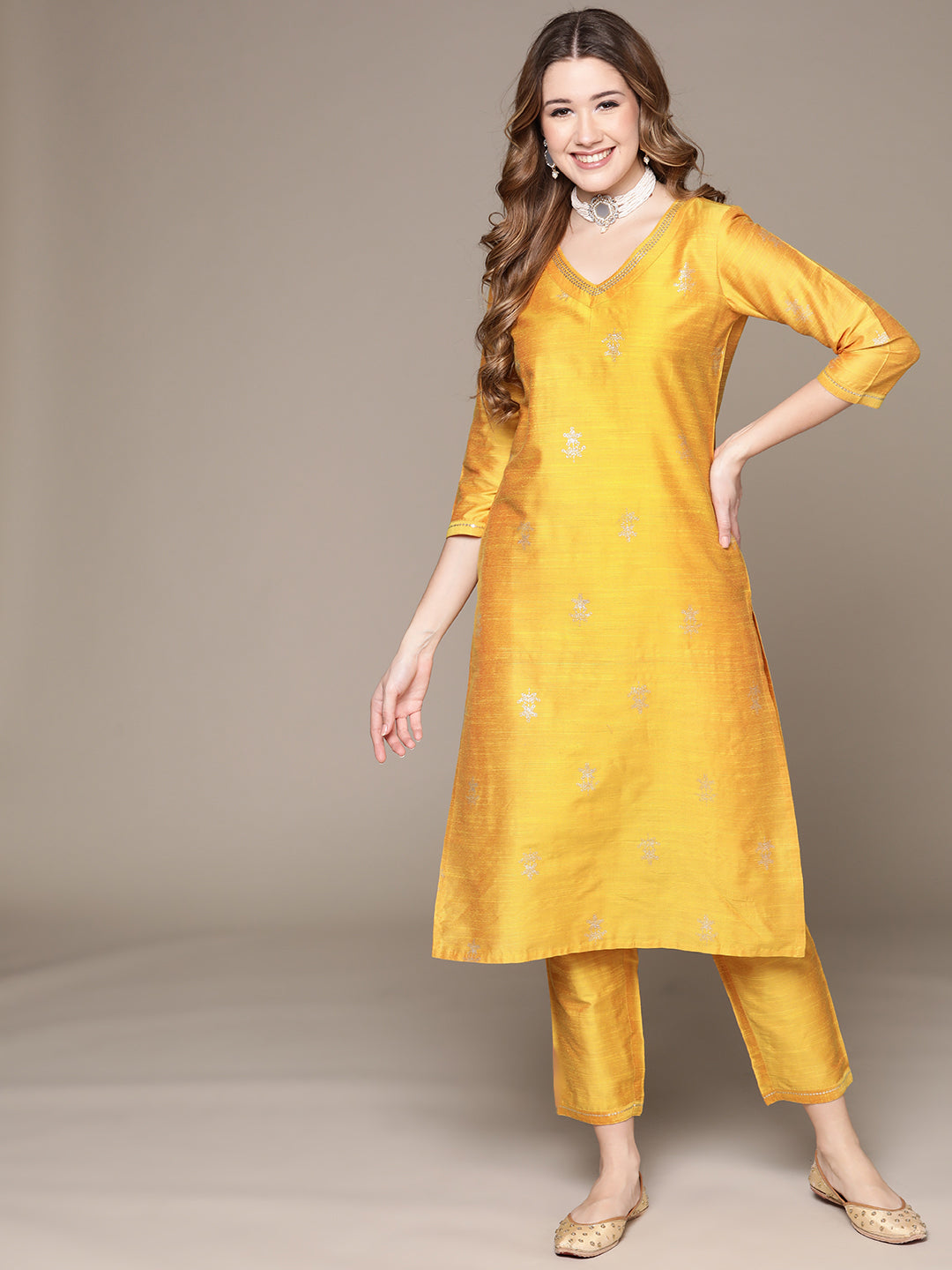 Anubhutee Women's Yellow Gold Printed Sequinned Kurta Set with Trousers