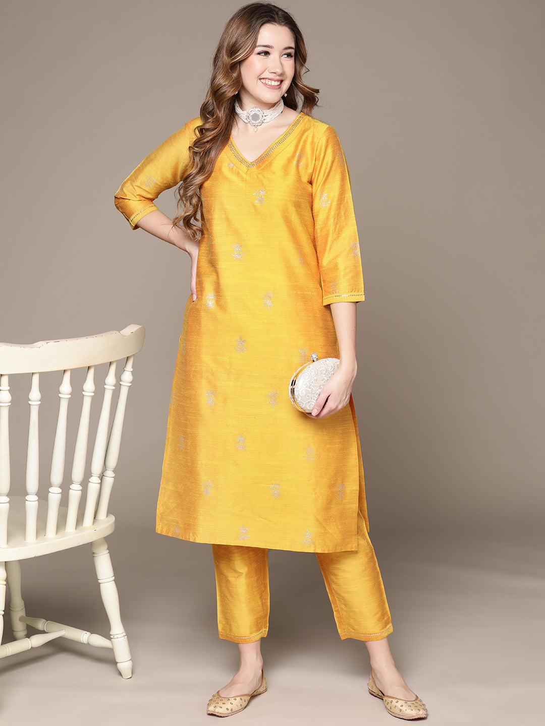 Anubhutee Women's Yellow Gold Printed Sequinned Kurta Set with Trousers