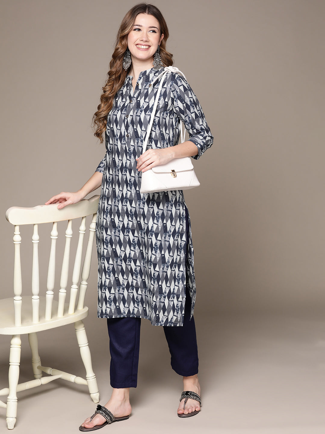 Anubhutee Women's Blue Grey Cotton Kantha Kurta Set with Trousers