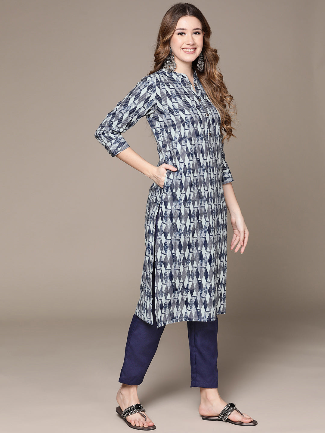 Anubhutee Women's Blue Grey Cotton Kantha Kurta Set with Trousers