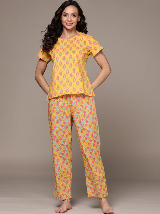 Women's's Yellow Floral Printed Pure Cotton Night Suit