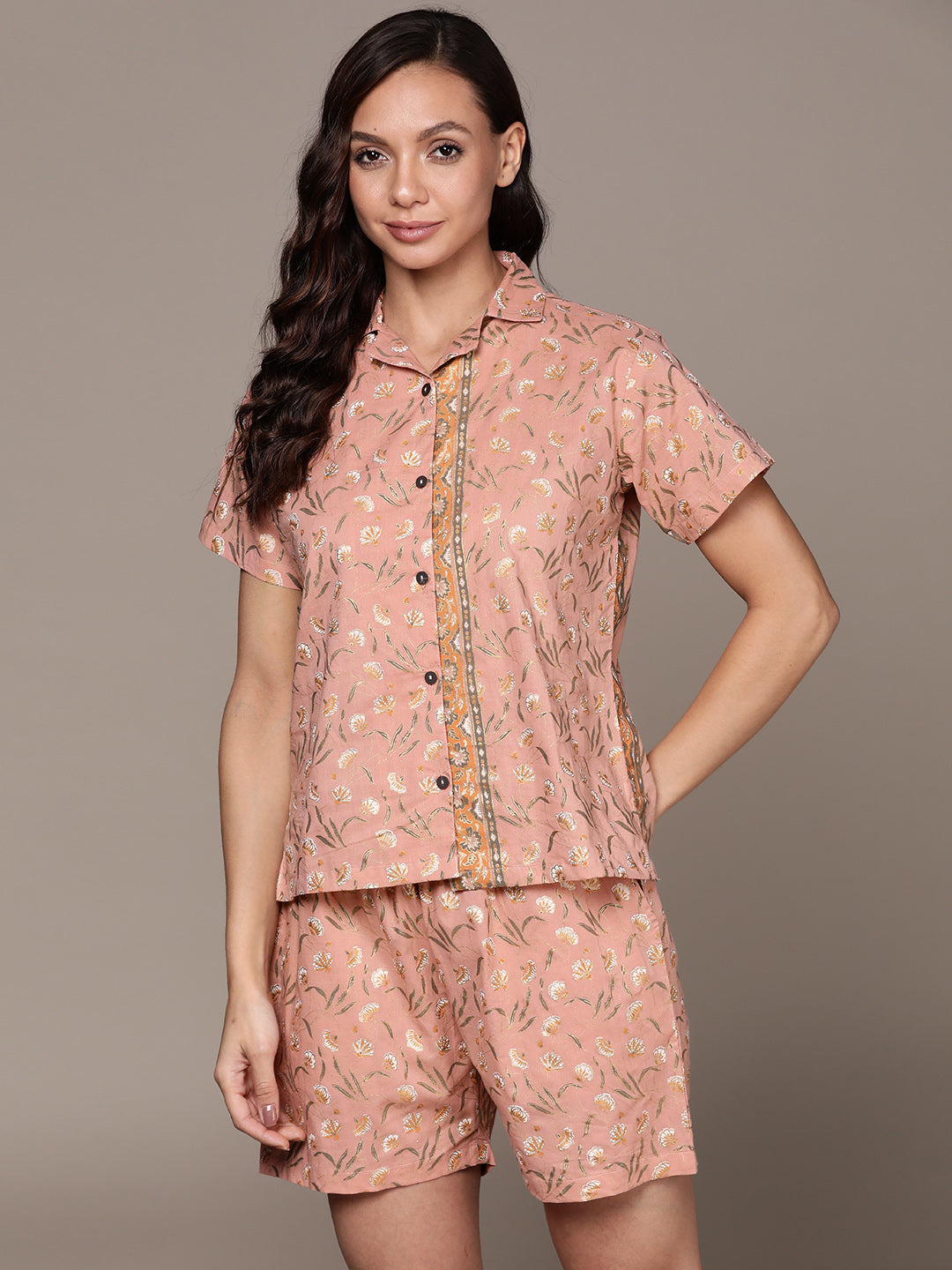 Women's's Peach Floral Gold Printed Pure Cotton Night Suit
