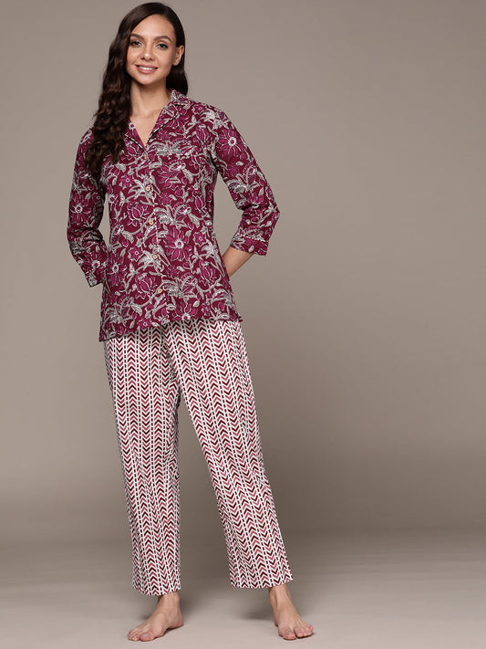Women's's Wine Floral Gold Printed Pure Cotton Night Suit