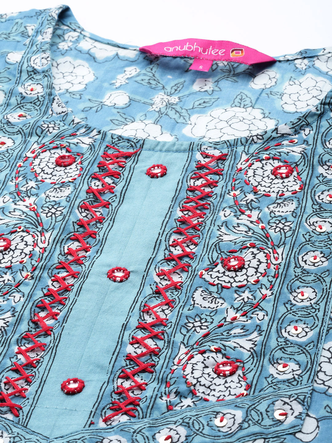 Anubhutee Women's Blue Handwork Floral Print Kurta Set with Trousers and Dupatta