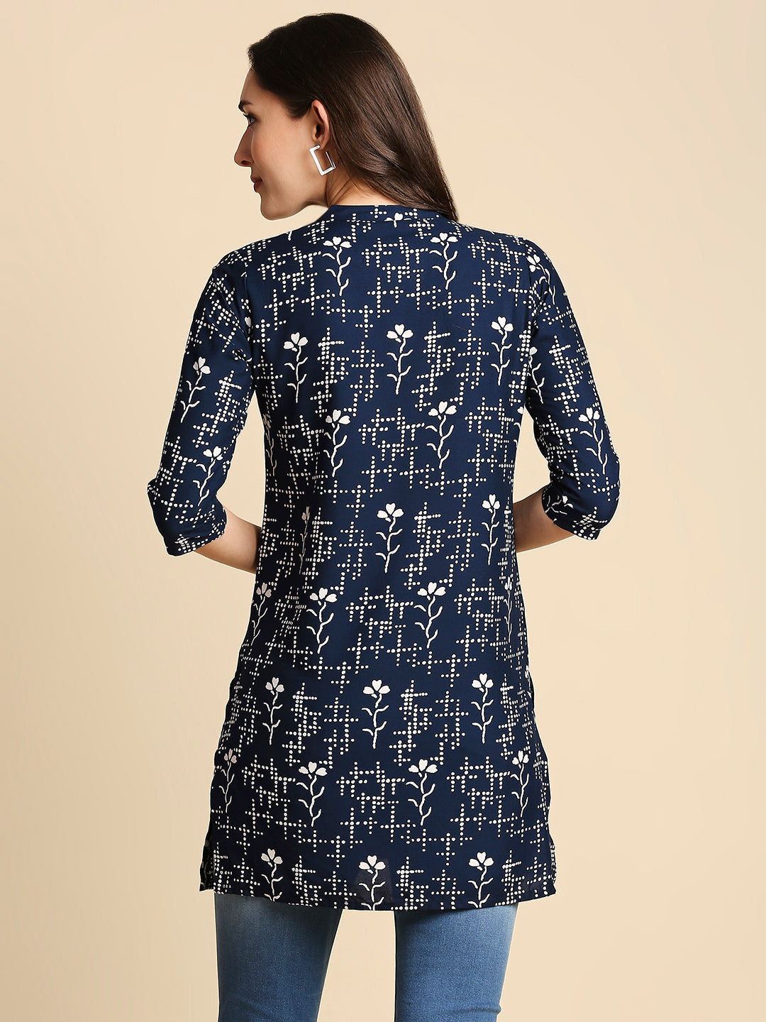 Women's Navy & White Printed Straight Kurti