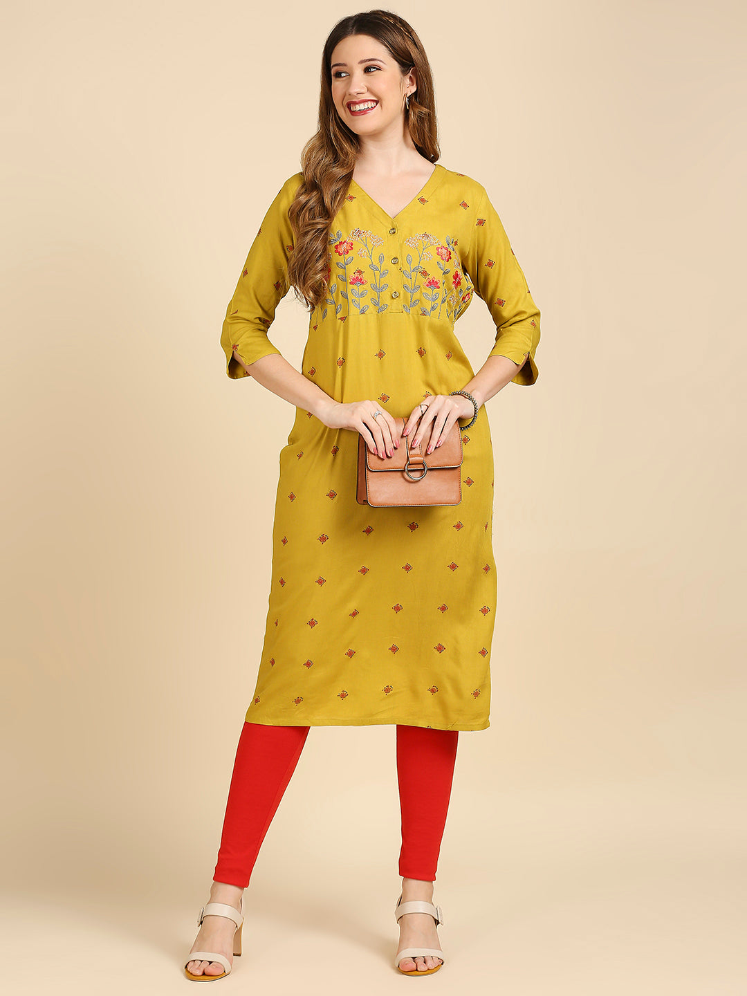 Women's Mustard Yellow Red Yoke Design Straight Kurta