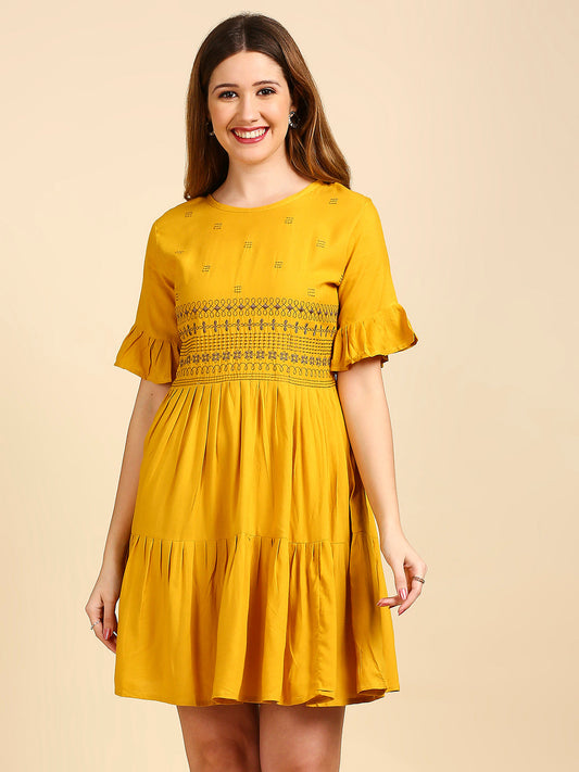 Women's's Yellow Floral Embroidered Dress