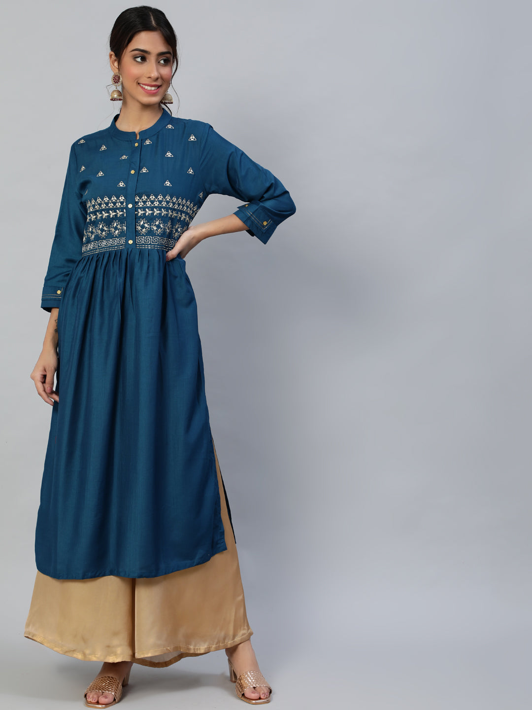 Women's Teal Ethnic Motifs Embroidered Flared Sleeves Kurta