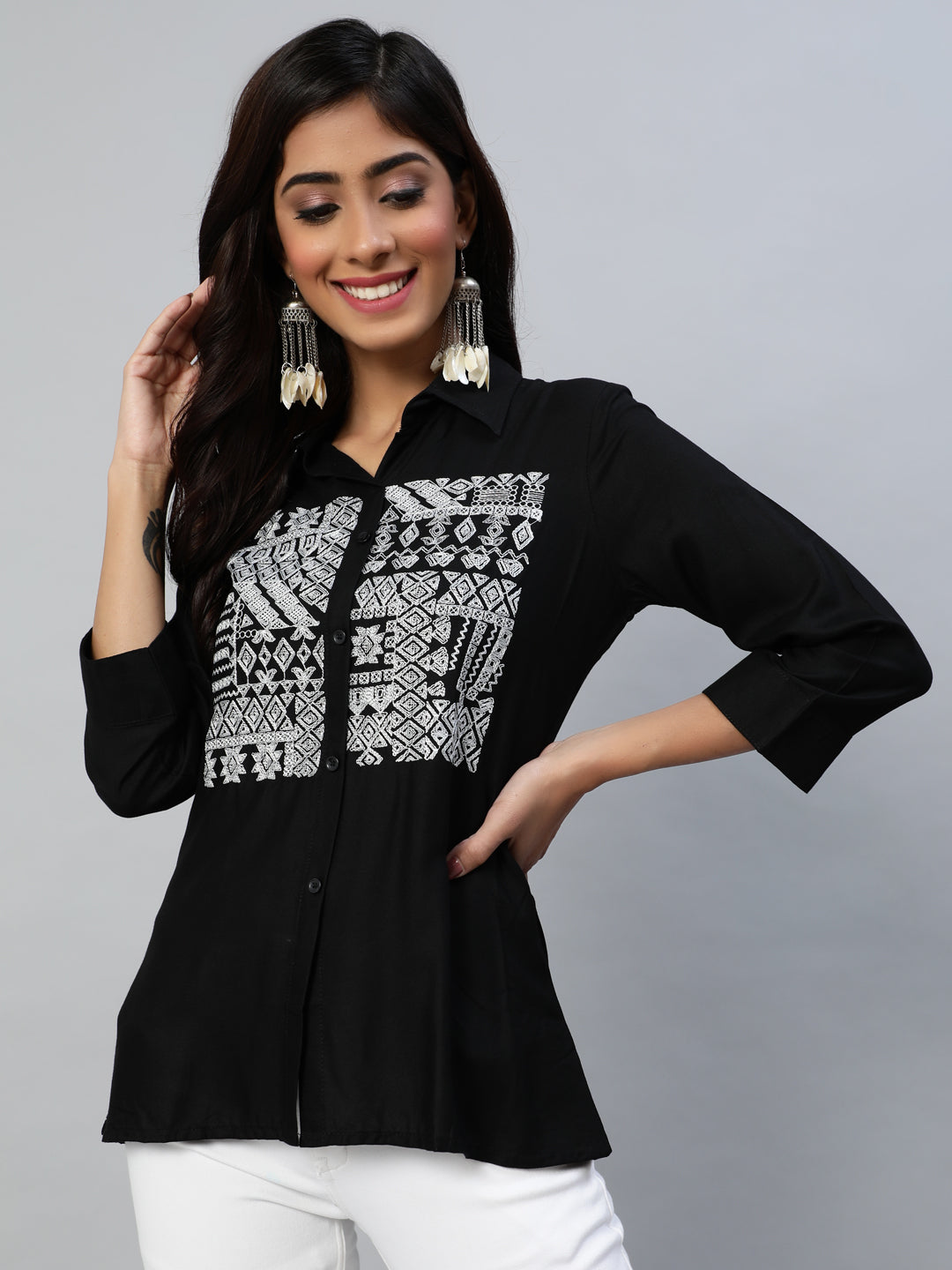 Women's's Black White Geometric Yoke Embroidered Shirt Collar Kurti