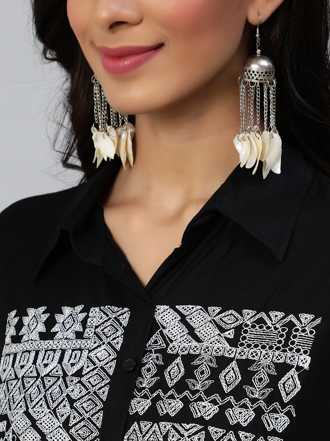 Women's's Black White Geometric Yoke Embroidered Shirt Collar Kurti