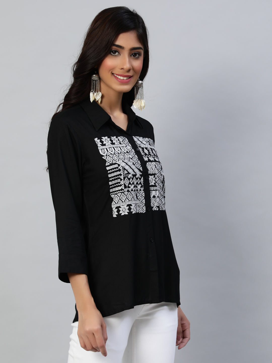 Women's's Black White Geometric Yoke Embroidered Shirt Collar Kurti