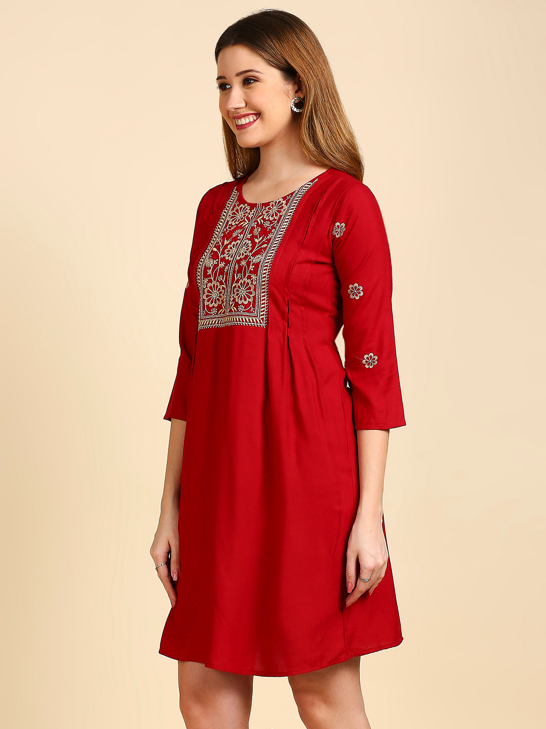 Women's's Maroon Ethnic Motifs A-Line Dress