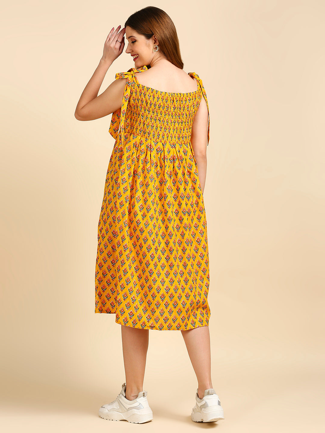 Women's's Yellow Ethnic Motifs Empire Midi Dress