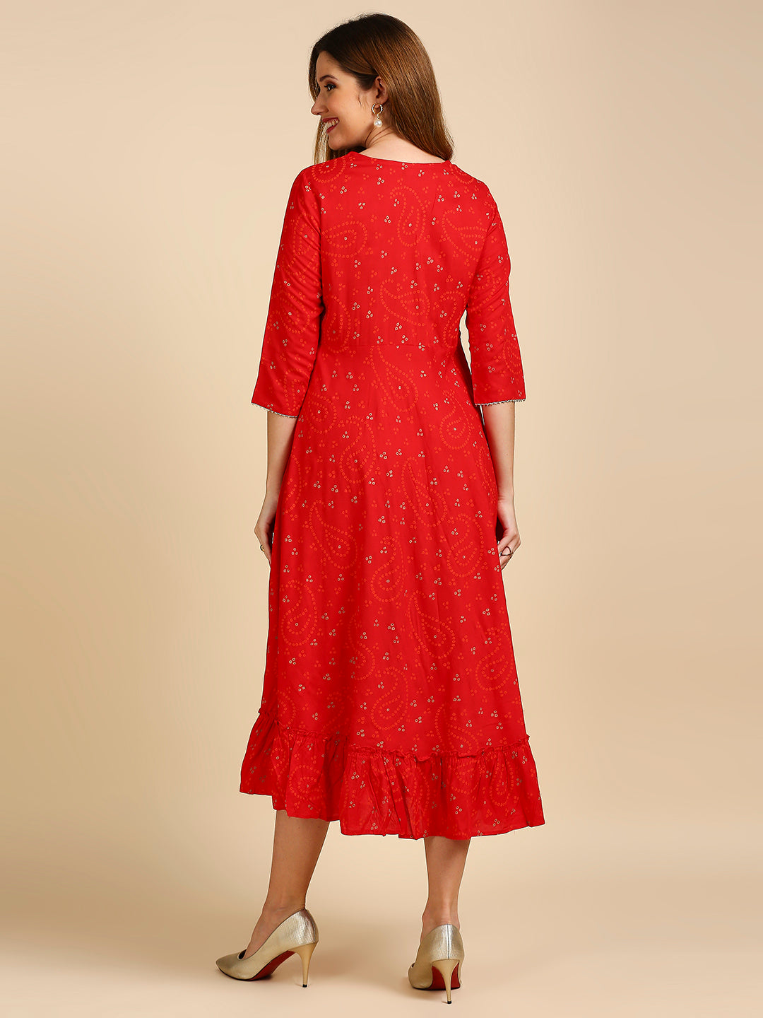Women's's Red Ethnic Motifs Liva A-Line Midi Dress