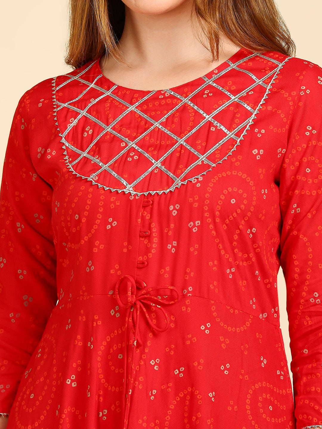 Women's's Red Ethnic Motifs Liva A-Line Midi Dress