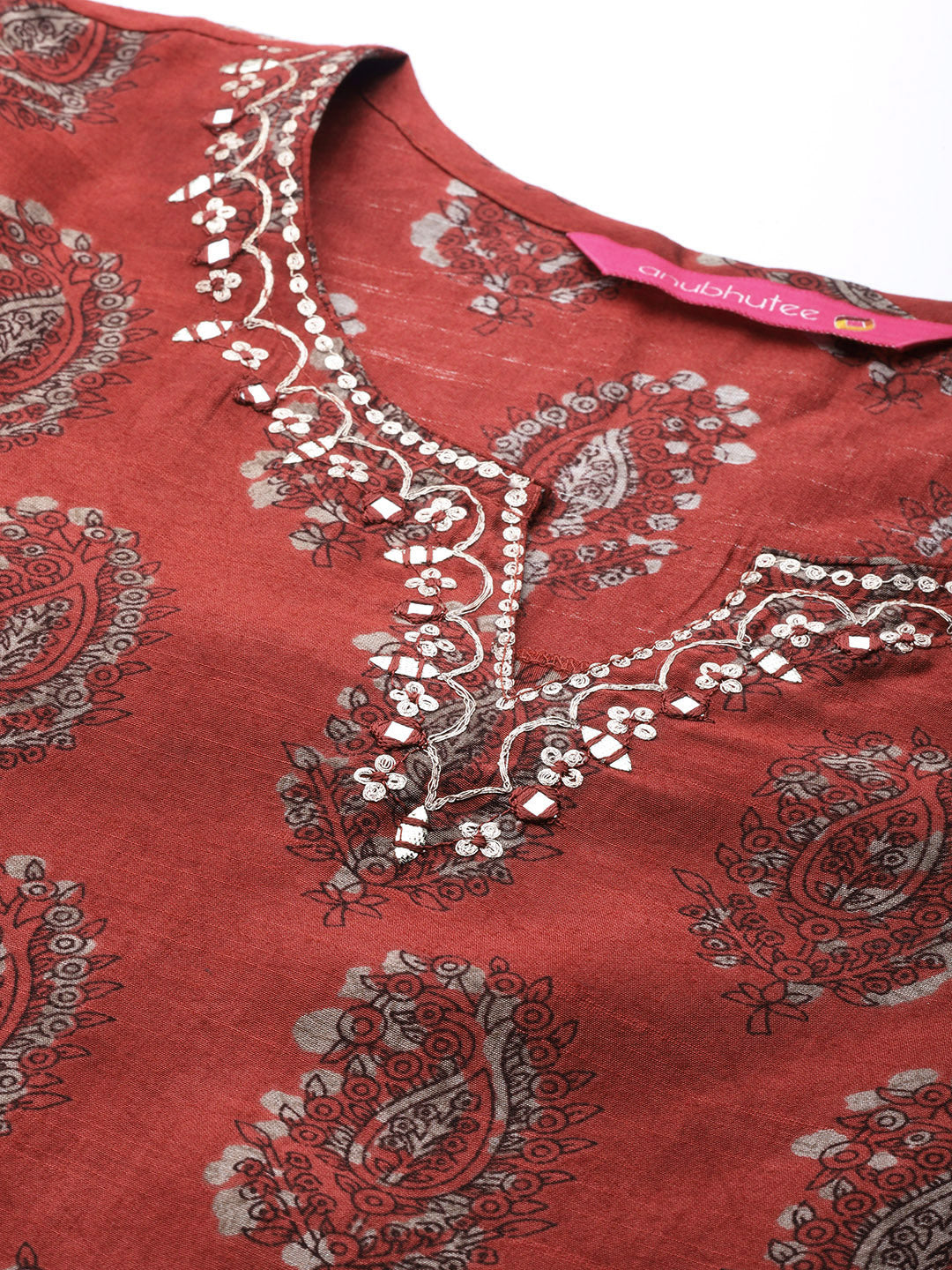 Women's Maroon Ethnic Motifs Printed Thread Work Pure Cotton Kurta with Trousers & With Dupatta