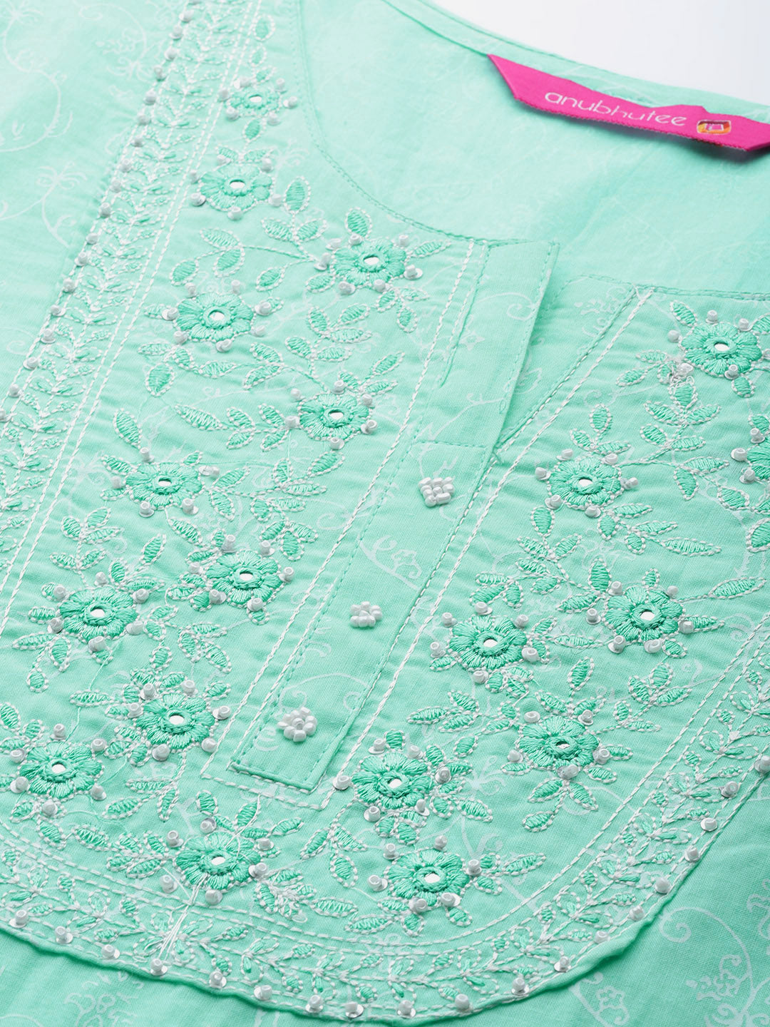 Women's Sea Green Printed Thread Work Pure Cotton Kurta with Trousers & Dupatta